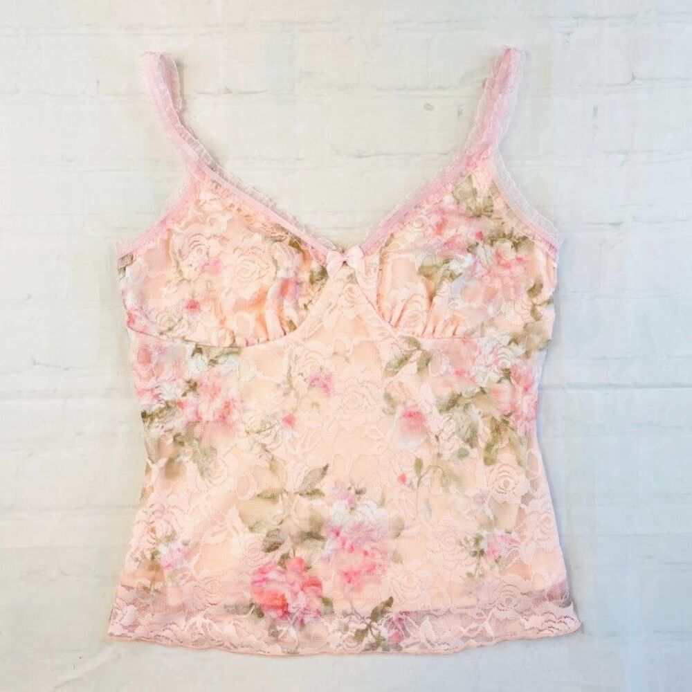 Cider Lace Cami Top XS Pink Floral Ruffle Strap Y2K Babydoll Coquette Feminine